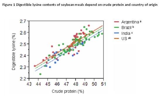 Figure 1 Digestible Lysine contents of soybean meals depend on crude protein and country of origin