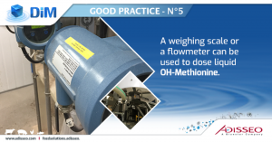 A weighing scale or a flowmeter can be used to dose liquid OH-Methionine.