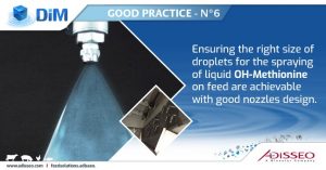 Ensuring the right size of droplets for the spraying of liquid OH-Methionine on feed are achievable with good nozzles design.